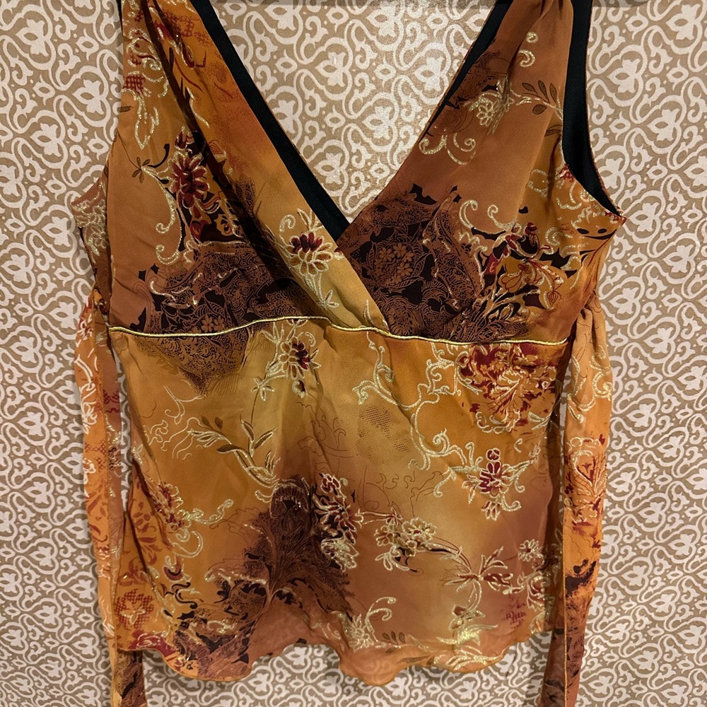 Elegant Floral Wrap Blouse - Golden Brown